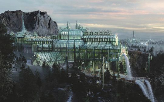 an aerial view of a glass building surrounded by trees and mountains with a waterfall in the foreground