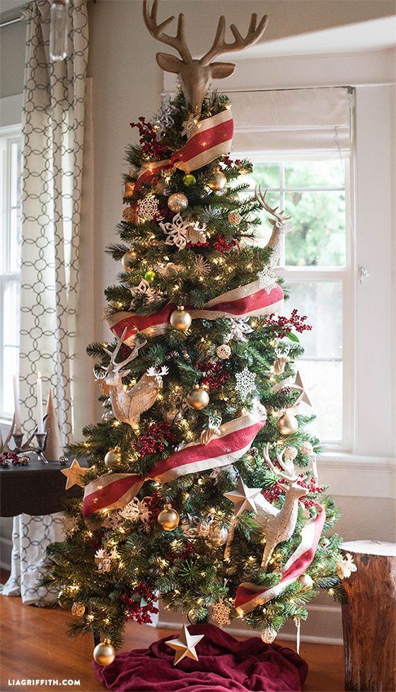 a christmas tree decorated with red, white and gold ribbons