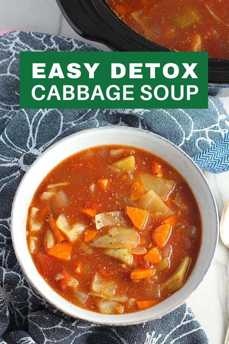 This Detox Cabbage Soup is a healthy and easy recipe that's surprisingly filling, low-calorie, veggie-packed. It's a great way to cleanse your system and eat light meals! The soup is light, but filling with cabbage, tomato, carrots, onion, and garlic. Made in the slow cooker, it's also super easy! #slowcooker #crockpot #healthydinner #healthy #healthyrecipes #detox #soup #easydinner #dinner #lowcarb #lightrecipes #glutenfree #vegetarian #dairyfree Vegan Cabbage Soup, Detox Cabbage Soup, Soup Cabbage, Vegan Cabbage, Cabbage Soup Diet Recipe, Homemade Vegetable Broth, Cabbage Soup Diet, Detox Soup, Soup Diet