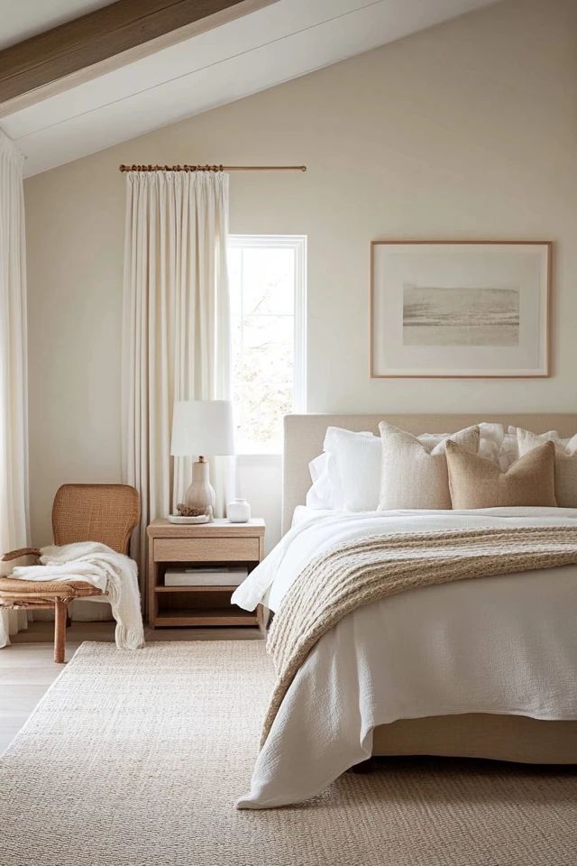 a bedroom with white bedding and neutral decor