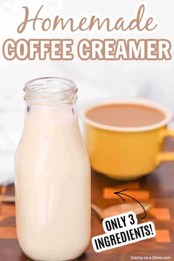 homemade coffee creamer in a glass jar next to a cup of coffee