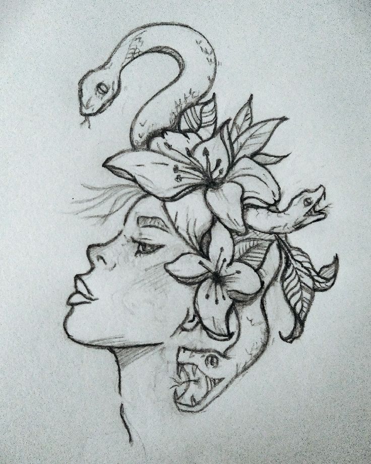 a drawing of a woman's face with flowers and a snake on her head