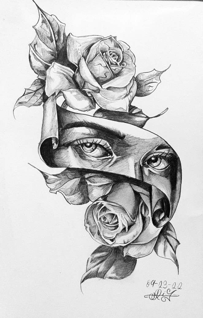 a pencil drawing of a woman's face with roses on her head and the word love