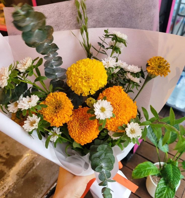 a bouquet of flowers sitting on top of a table next to a potted plant