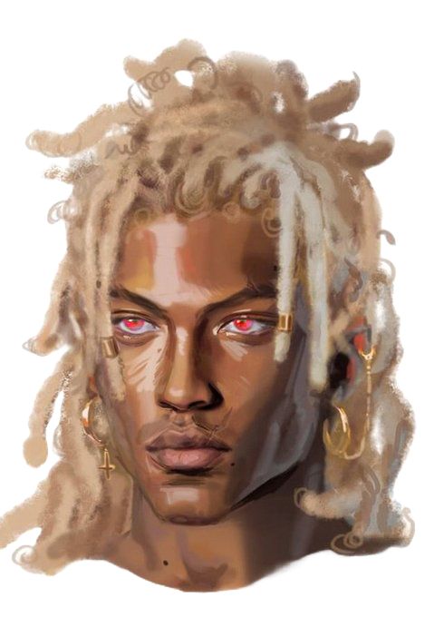 a drawing of a man with dreadlocks on his head and red eyes in front of him