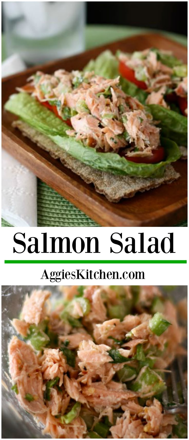 salmon salad with lettuce and tomatoes on a wooden cutting board