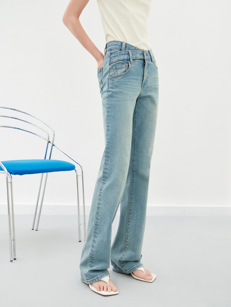 MO&Co. Women's Straight Leg Denim Jeans Features : - Asymmetric waistband- High waist, straight fit - Button and zip closure- Classic five-pocket design Code: MBD1JENT13The back length of size M(27) is 107cmMATERIALS & CARE Material: 99.2% Cotton 0.8% SpandexSeparate mild machine wash below 30°CDo not bleach, hang to dryDo not tumble dry, low ironDo not dry clean, do not expose to the sunWash the reverse side into the mesh bag, do not soakNotice:1. The parts of the leather tag cannot be ironed o Light Wash Straight Leg Bottoms With Zip Fly, Denim Blue Mid-rise Flare Jeans With Five Pockets, Medium Wash Straight Leg Bottoms With Zip Fly, Straight Leg Denim Pants With Zip Fly, Denim Pants With Straight Leg And Zip Fly, Denim Pants With Zip Fly And Straight Leg, Straight Denim Bottoms With Button Zip Fly, Mid-rise Denim Blue Pants With Zip Fly, Denim Blue Jeans With Zip Fly