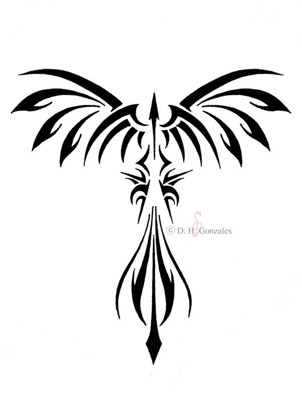 a black and white drawing of a bird with wings on it's back side