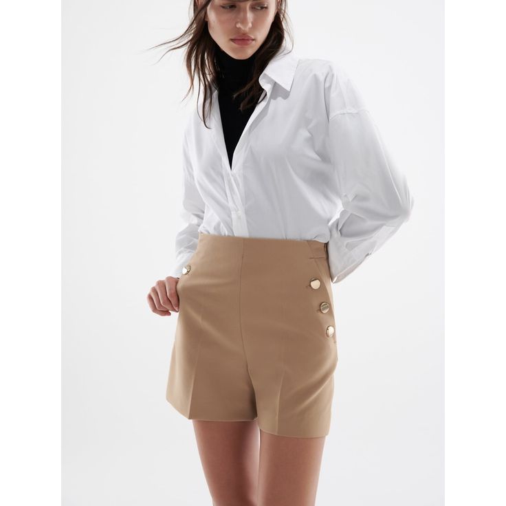 Zara Sold In The Stores Buttoned Bermuda Shorts Brand New Xs High Waisted Shorts Elegant Beige Short Pants, Trendy Beige Workwear Shorts, Trendy Beige Shorts For Workwear, Neutral High-waisted Shorts For Day Out, Chic Button-up Pants For Day Out, Chic Beige Bottoms With Short Legs, Chic Neutral Shorts For Day Out, Summer Beige Button-up Bottoms, Neutral Bottoms With Built-in Shorts