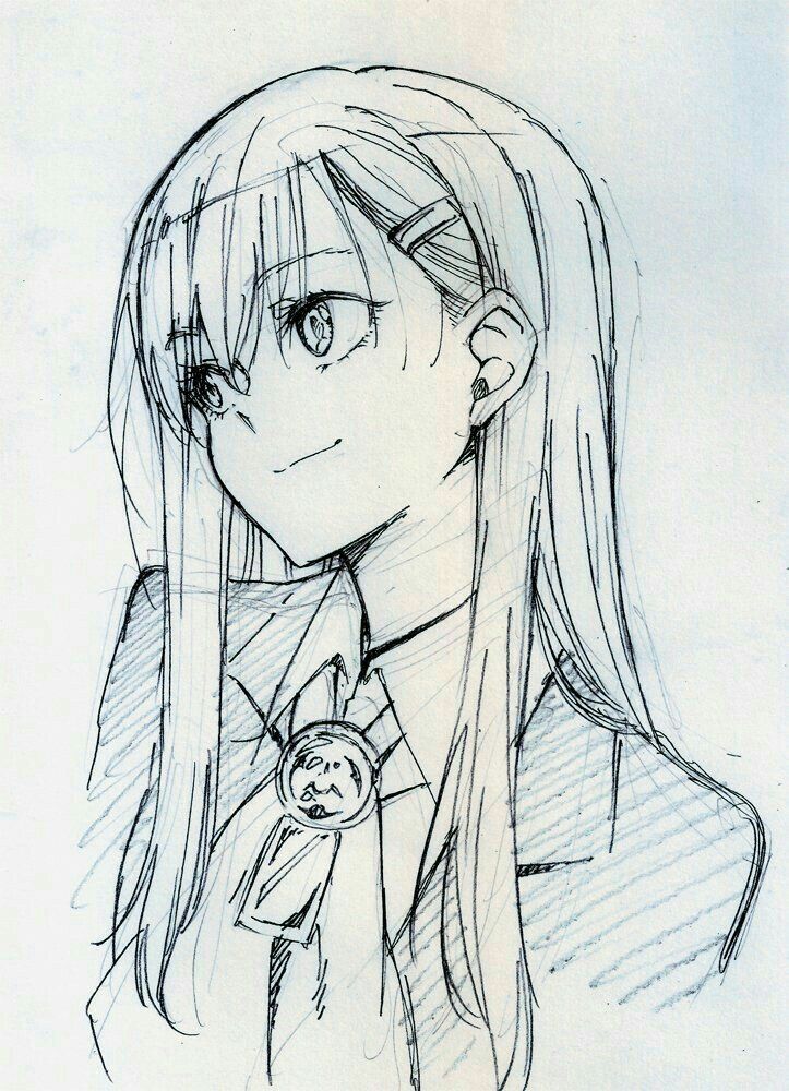 a drawing of a girl with long hair holding a small object in her right hand