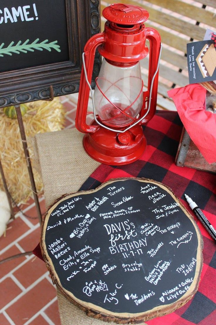 a red lantern sitting on top of a table next to a blackboard with writing on it