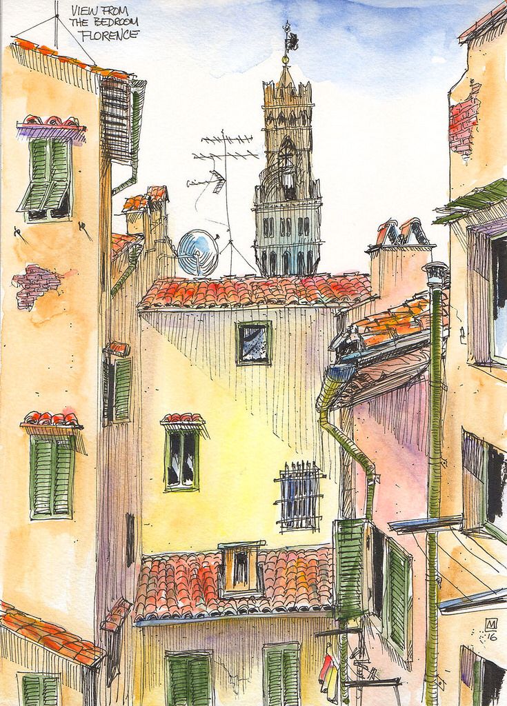 a drawing of an old building with a clock tower in the background and people standing on the roof