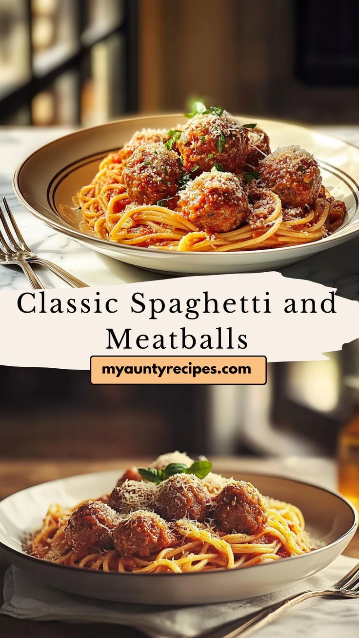 two plates with spaghetti and meatballs on them, one is sitting on the table