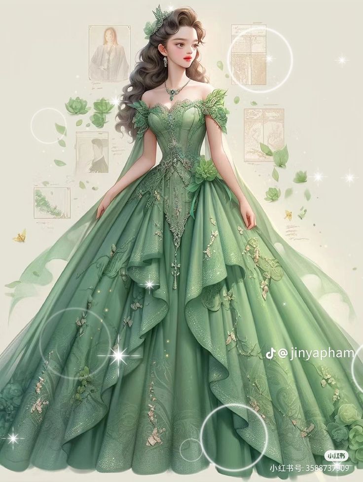 Light Green Princess Dress, Green Princess Dress, Green Gowns, Anime Dresses, Fantasy Ball, Princess Dress Fairytale, Fairy Gown, Green Ball Gown, Dreamy Gowns