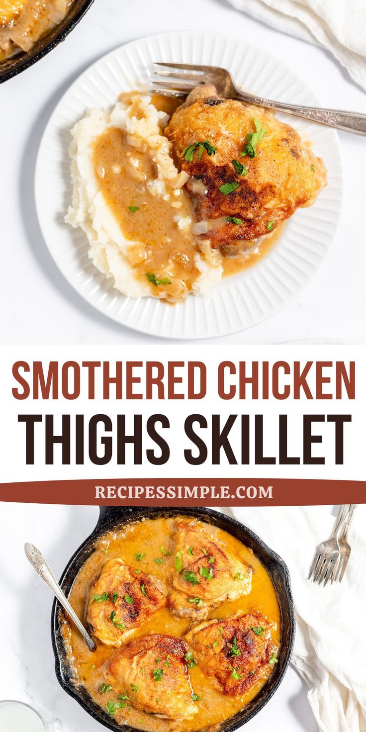 a white plate topped with chicken thighs and mashed potatoes next to a skillet filled with gravy