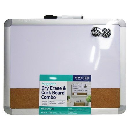 the magnetic dry erase and cork board combo is white with brown trimmings on it