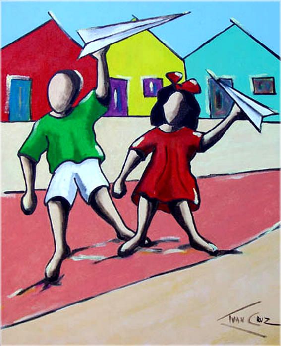 two people holding hands while flying a paper airplane in front of colorful houses on the beach