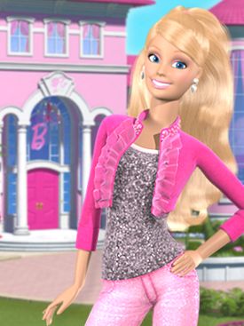 a barbie doll standing in front of a pink house