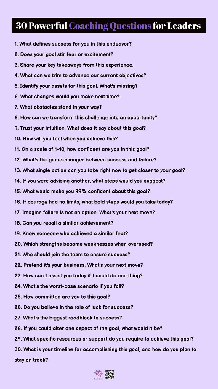 a purple background with the words 50 powerful coaching questions for leaders