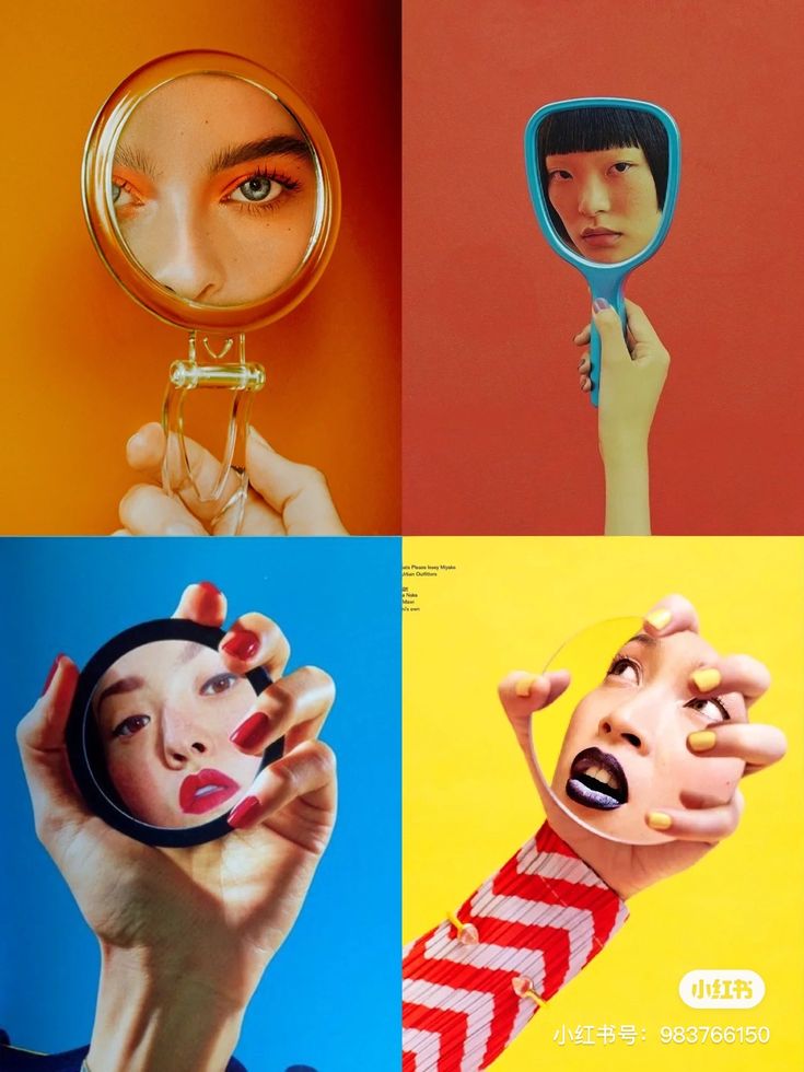 four different images of people holding up mirrors