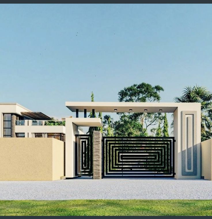 a modern gated entrance to a house with trees in the backgrouds