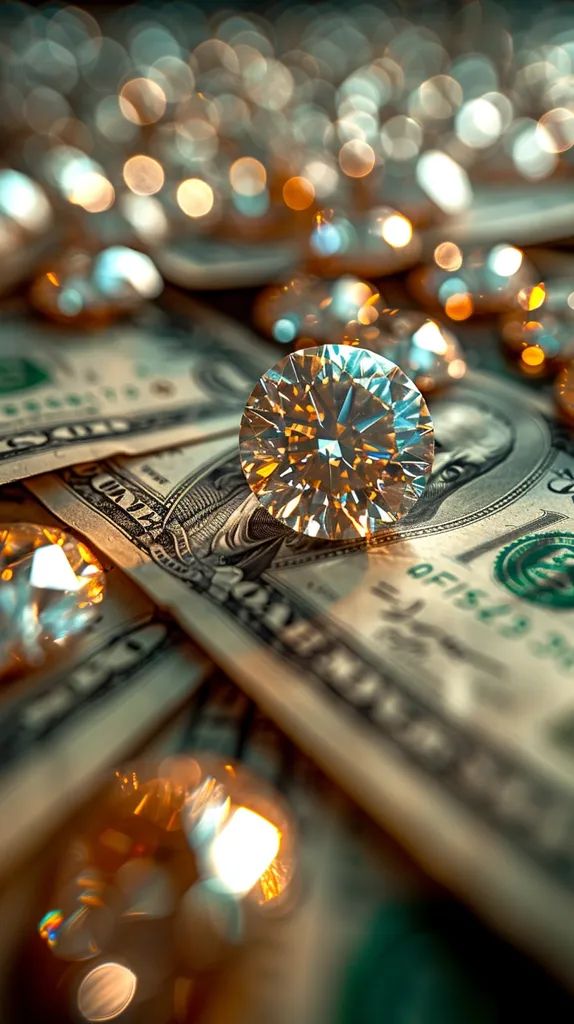 a diamond sitting on top of a pile of dollar bills with lots of diamonds around it