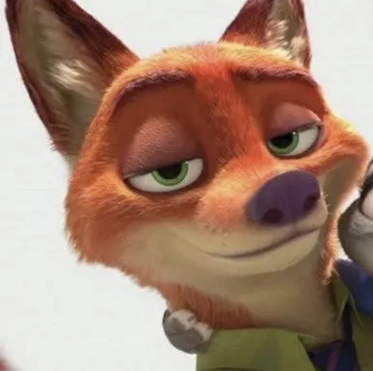 an animated fox with green eyes and a tie