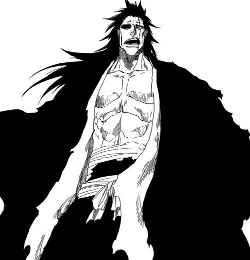 an ink drawing of a man with long hair and no shirt standing in front of a white background