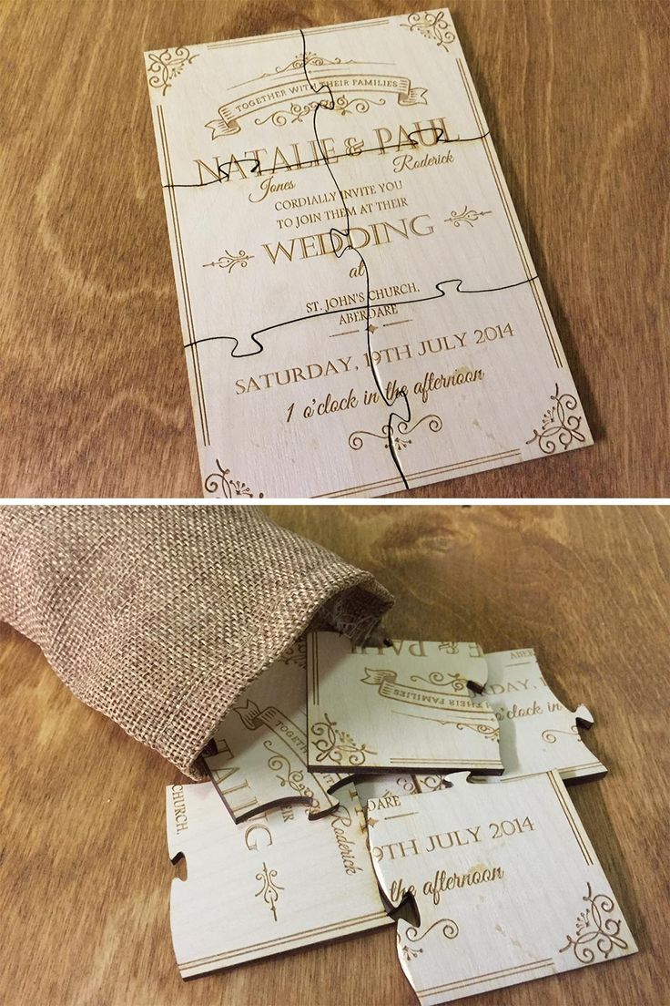 the wedding card was cut into pieces and placed on top of each other to make it look like they were made out of wood