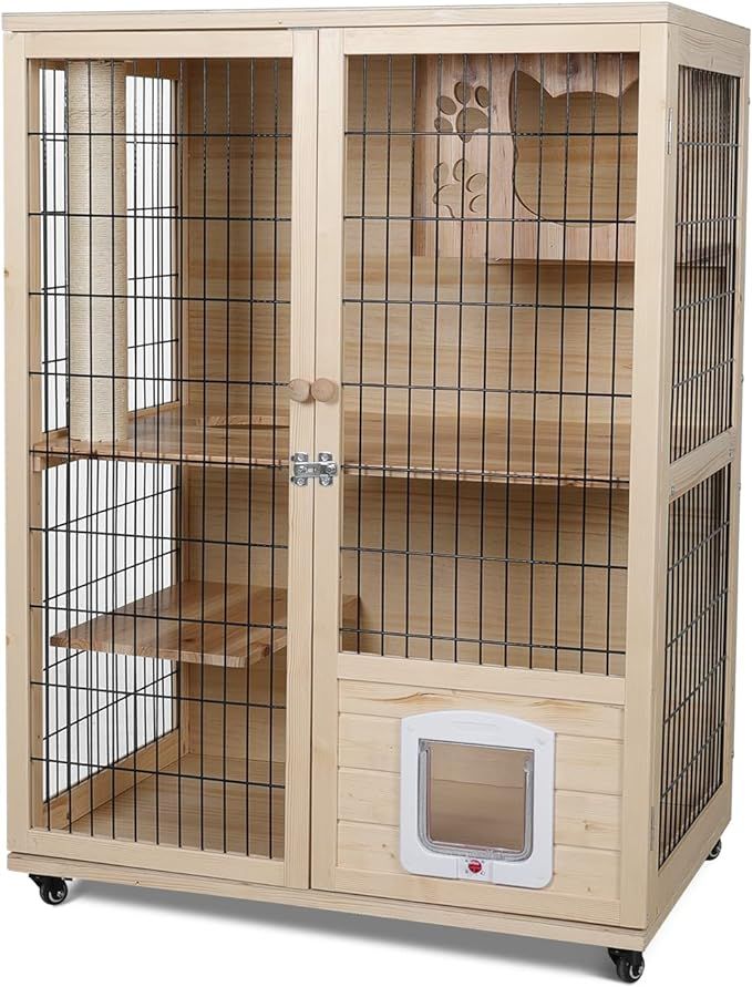 a wooden cabinet with two doors and a cat bed inside