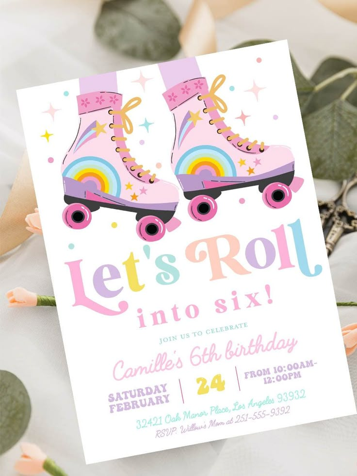 a pink roller skate birthday party card with the text let's roll into six