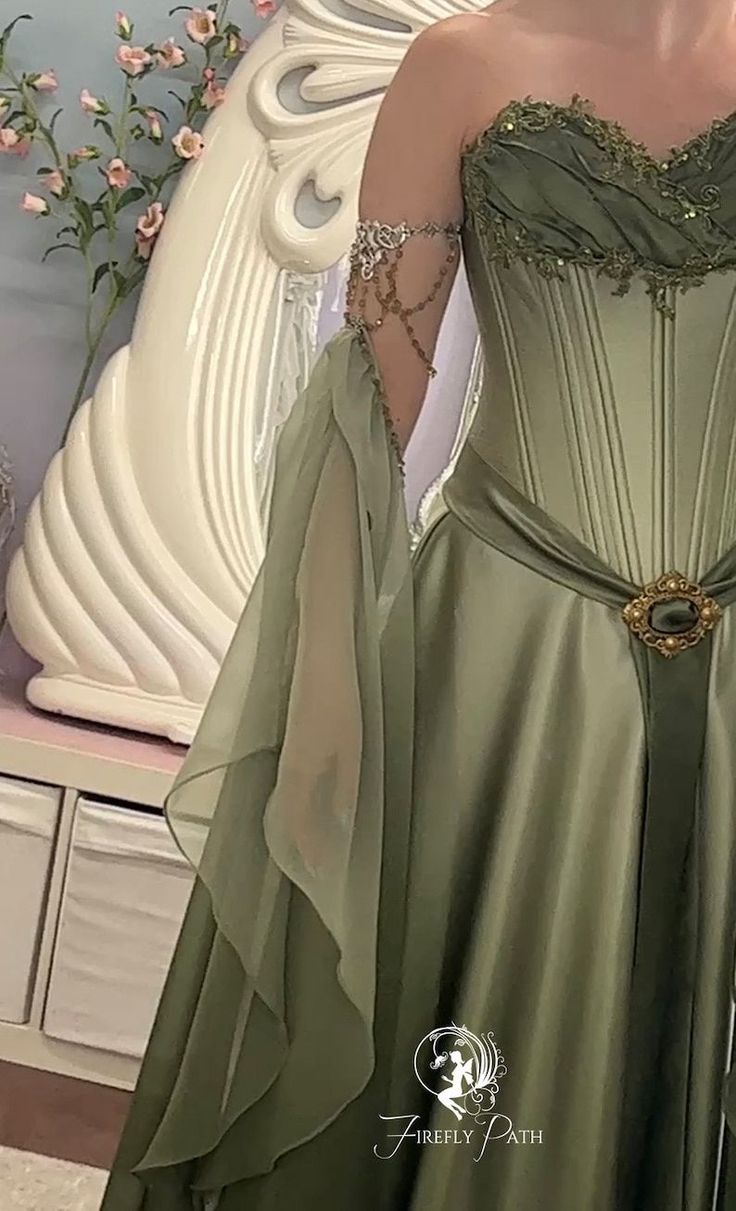 Elf Fairy Dresses, Fairy Dress Inspired, Green Fairy Dress Formal, Enchanted Forest Gown Green, Forest Fairy Long Dress, Wmerald Fairy Dress, Fairy Princess Dress Green, Luxury Long Sleeve Elvish Medieval Dress, Green Enchanted Dresses