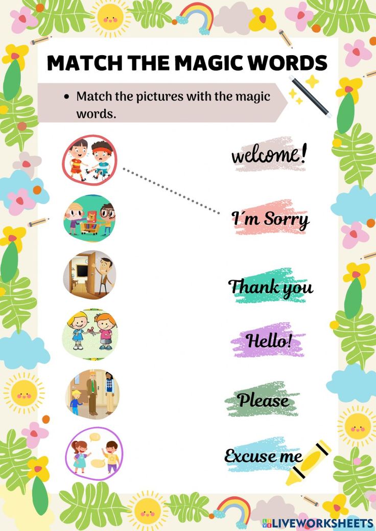 a poster with words and pictures on it that say, match the magic words in different languages