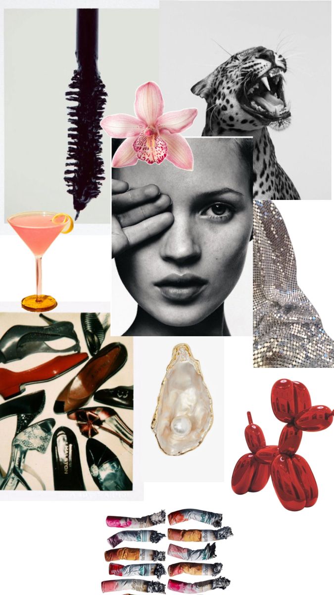 the collage shows different types of items and colors in black and white, including red