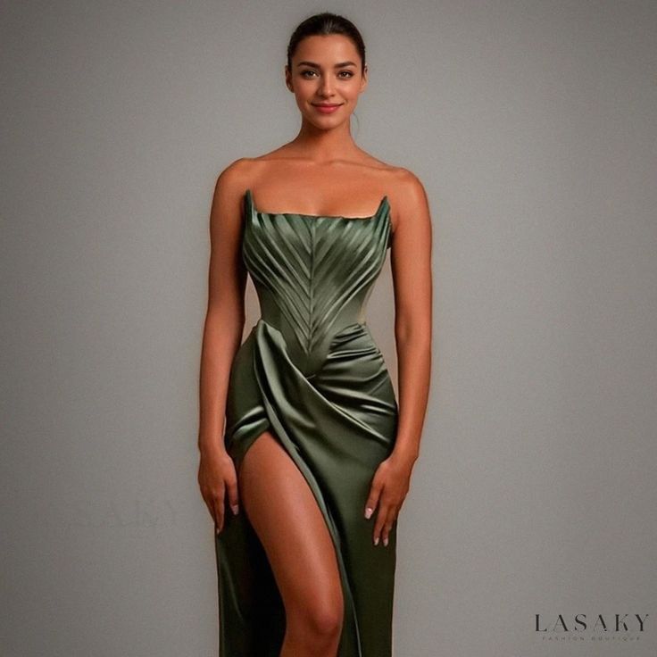 Lasaky - Strapless Fishbone Waist-Cinched High-Slit Maxi Dress for Day Parties and Cocktail Events Satin Evening Gown, Strapless Bodycon Dress, Long Cocktail Dress, Bodice Dress, Long Evening Gowns, Bodycon Maxi Dresses, Mermaid Prom Dresses, Long Maxi, Evening Dresses Prom