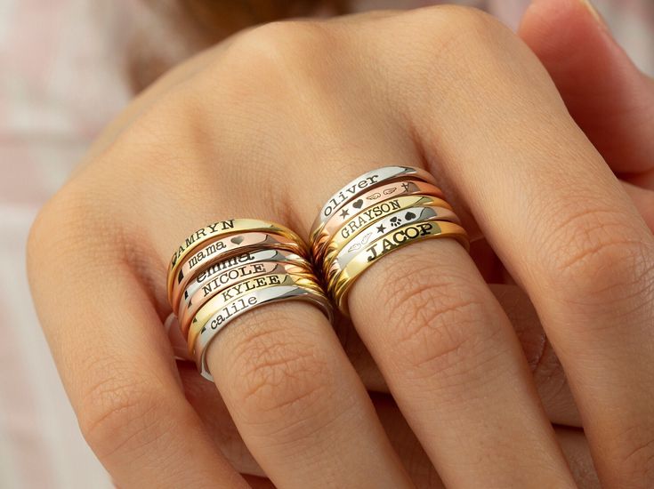 14k GOLD Stackable Name Ring, Dainty Name Ring, Custom Stacking Rings, Skinny Custom Ring, Bridesmaids Gift, Mothers Day Gift, Mom Gift, Material: High Quality Solid 925 Sterling Silver This style of ring will only fit up to 10 character spaces. I am now offering 3 different size styles: **Teeny Tiny is about 1mm tall with a TINY 1mm uppercase block lettering. (Very tiny **Little Bigger is about 1.5mm tall with a little 1.5mm uppercase block lettering. **Upper Lower is about 2mm tall with a 2mm Luxury Gold Stackable Rings Engraved, Cheap Personalized Stackable Rings For Women, Cheap Engraved Ring For Mother's Day Gift, Cheap Personalized Stackable Rings For Wedding, Luxury Engraved Stackable Rings, Affordable Stackable Engraved Ring, Cheap Stackable Engraved Ring As Gift, Personalized Luxury Elegant Stackable Rings, Luxury Personalized Elegant Stackable Rings