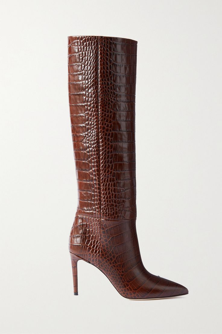 Elevate any outfit with Paris Texas' 'Stiletto' knee boots. They're crafted from glossy croc-effect leather with a wide barrel shaft and pointed toes. Their sleek shape works perfectly with tailoring. Long Brown Boots Outfits, Brown Boots Outfits, Long Brown Boots, Crocodile Boots, Crocs Boots, Boots Outfits, Leather Knee Boots, Trending Boots, Business Shoes