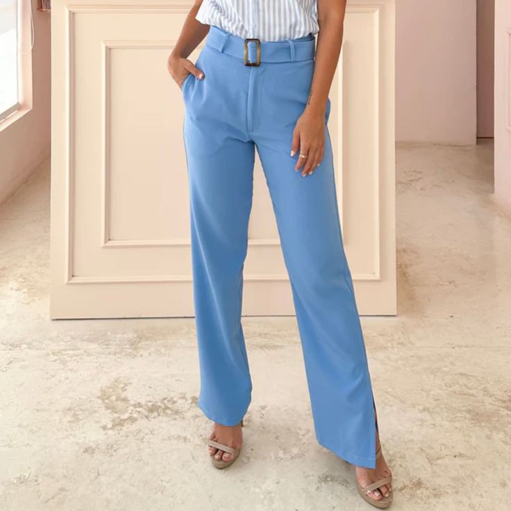 Brand: Folkah. From: Merida, Yucatan.

 Straight-cut pants with side slits at the ankle, side pockets, includes a belt with a tortoiseshell buckle. Slightly flexible fabric composition 97% polyester 3% elastane.

 SIZE GUIDE 














 S

 m

 L






 WAIST CONTOUR

 70

 75

 80






 HIP CONTOUR

 90

 95

 100






 THIGH CONTOUR

 54

 56

 58






 LONG

 105

 105

 105










 -Measurements shown in cm.

 -Measurements of the model (wears size S): bust 80, waist 67, hip 89, h Chic Belted Straight Leg Dress Pants, Casual High-waisted Bottoms With Side Slits For Work, Chic Straight Leg Pants With Belt Detail, Casual High-waisted Pants With Side Slits For Workwear, High-waisted Workwear Bottoms With Side Slits, High-waisted Pants With Side Slits For Workwear, Chic Straight Leg Pants With Belt, Belted Wide-leg Pants For Office, Belted Wide-leg Pants For Business Casual