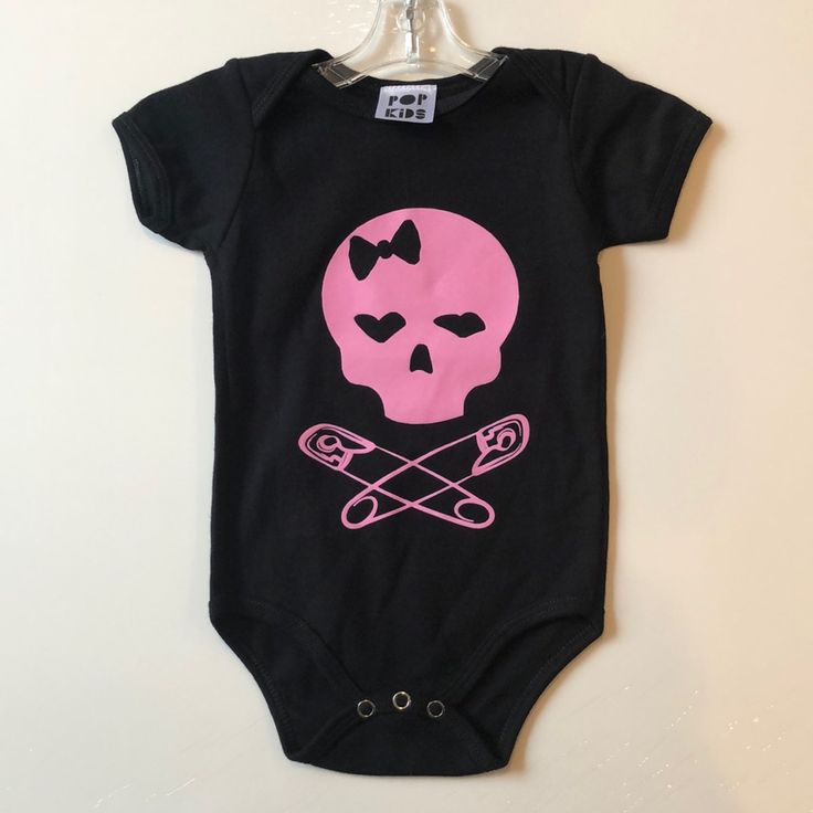 Girl Skull One-Piece 100% Cotton Pink Fun Onesie For Playwear, Fun Pink Onesie For Playwear, Fun Black Cotton Onesie, Cute Black Halloween Onesie, Black Onesie With Graphic Print For Playtime, Black Graphic Print Onesie For Playtime, Gothic Baby Clothes, Goth Baby Clothes, Boy Onsies