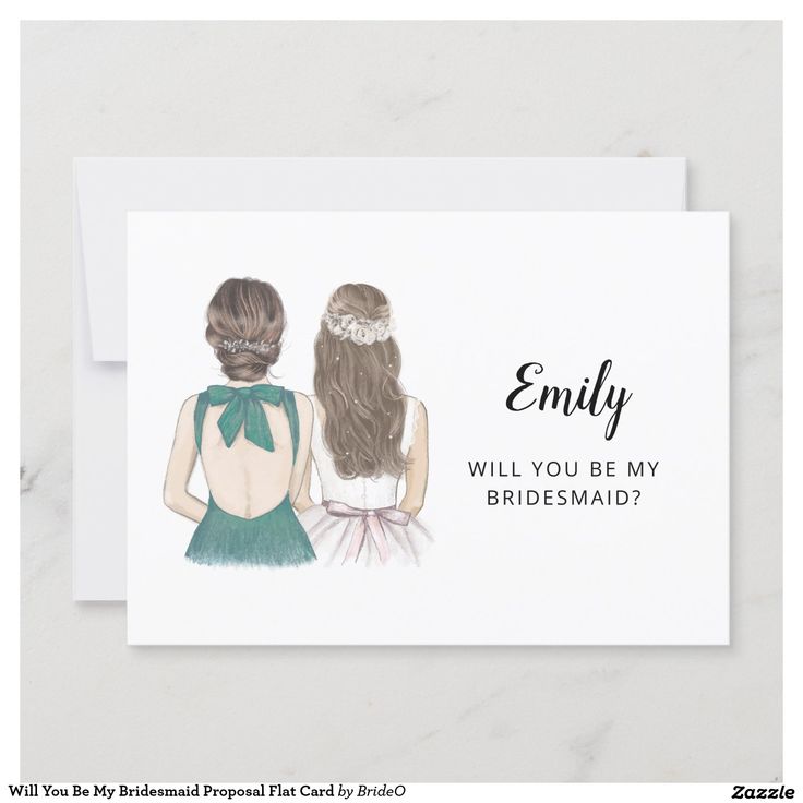 the bridesmaid card features two women in dresses, one with her back to the camera