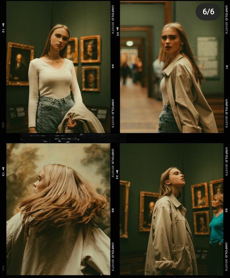 four different shots of a woman in an art gallery