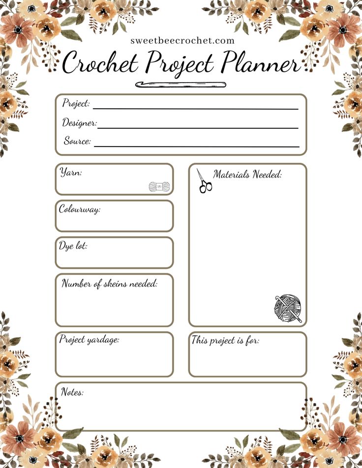 the crochet project planner with flowers and leaves around it on a white background