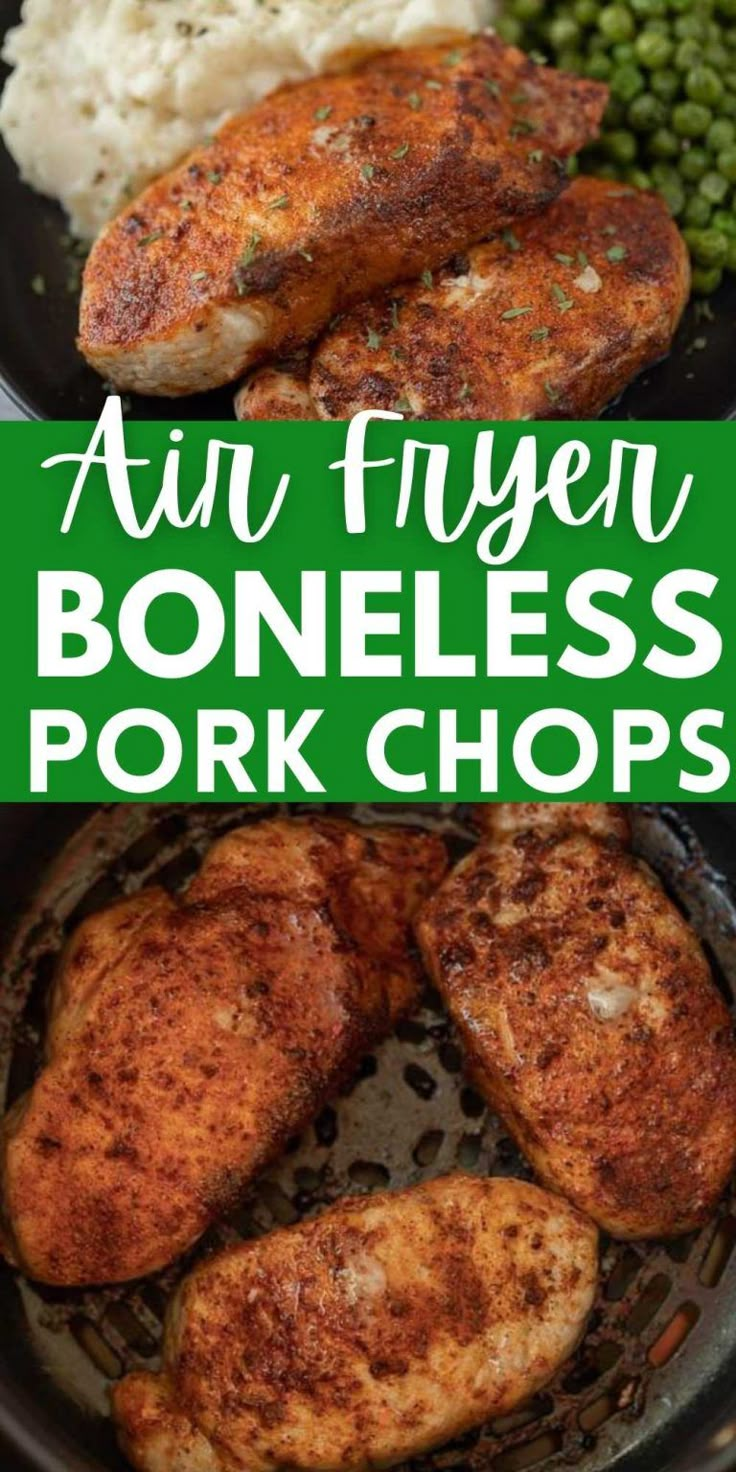 an air fryer with boneless pork chops in it and green beans on the side