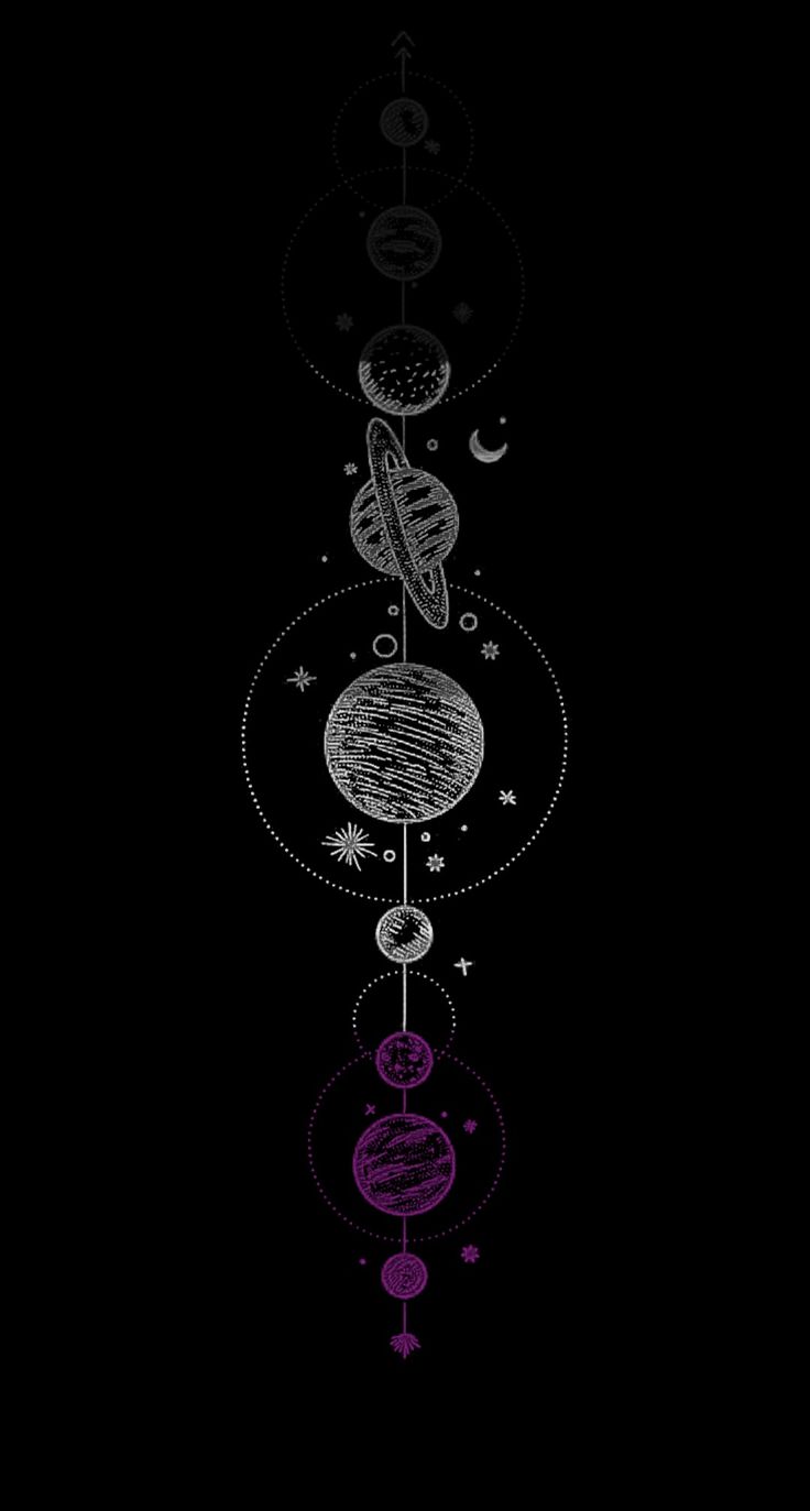 an image of the planets in space with stars and circles around them on a black background