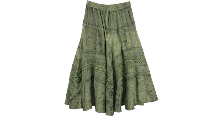 Green Medieval Inspired Gypsy Rayon Skirt in Clothing - Skirt in Green with Dual Fabric - A very classy western rodeo skirt that is both elegant and timeless, perfectly suitable for a variety of historic looks This viscose skirt has a great fall with an elastic waist and its free flowing around hips for a comfortable fit. Features: Stonewash, Embroidered, Misses, Solid, Handkerchief. Fitted Rayon Skirt With Elastic Waistband, Traditional Pleated Skirt For Spring, Traditional Full Skirt For Spring, Fitted Gathered Skirt For Festival, Fitted Tiered Skirt For Fall, Fitted Long Bohemian Skirt, Fitted Bohemian Long Skirt, Traditional Fitted Skirt For Spring, Fitted Skirt With Elastic Waistband For Fall