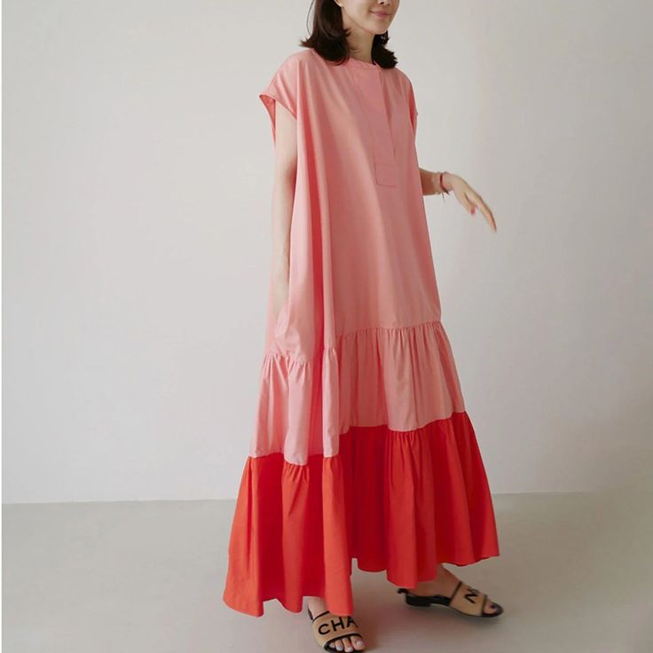 Pink Cap Sleeve Relaxed Ruffle Tiered Maxi Dress | Vivian Seven Maternity Shirt Dress, Loose Summer Dress, Ruffle Tiered Dress, Dresses Short Sleeve, Contrast Dress, Pink Cap, Formal Dresses With Sleeves, Cotton Long Dress, Tiered Ruffle Skirt