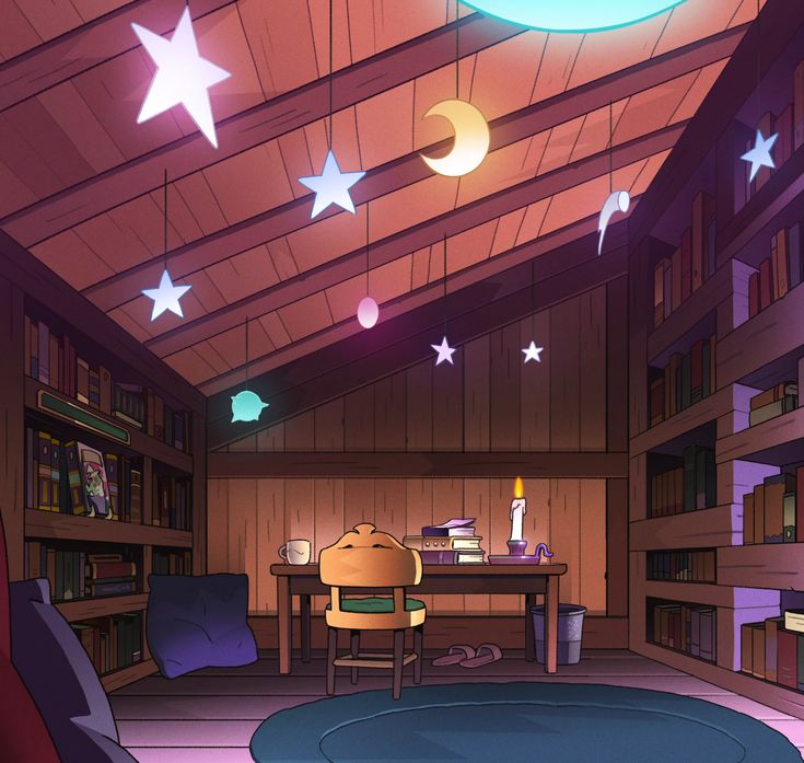 the room is filled with lots of books and furniture, while stars are hanging from the ceiling