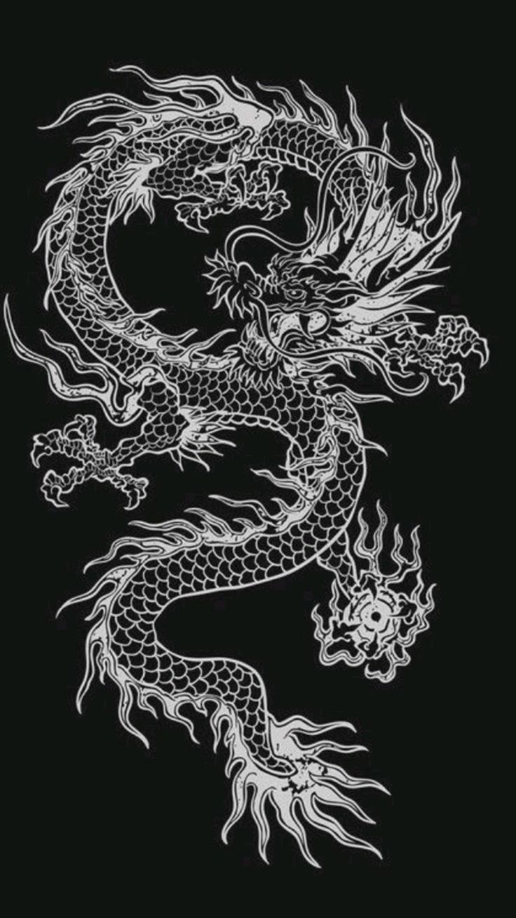 a black and white drawing of a dragon