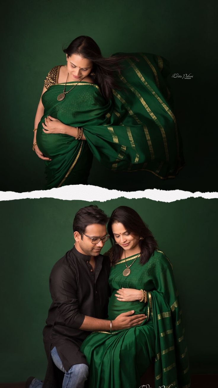 two photos of a man and woman in green sari holding each other while posing for the camera