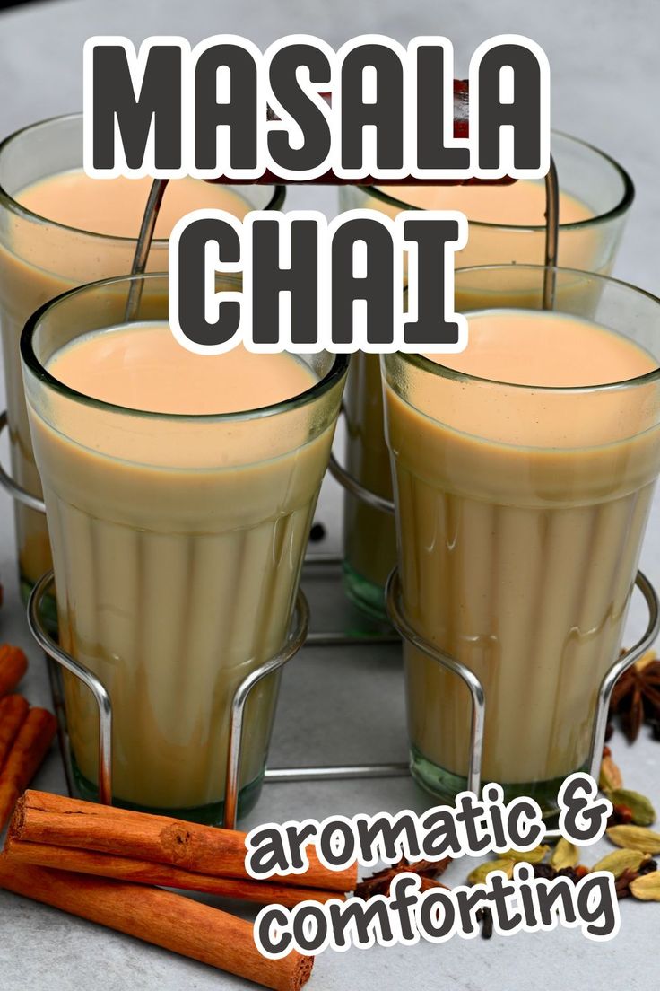 Four glass cups with homemade masala chai. Masala Chai Recipe, Cold Drinks Recipes, Spiced Tea, Chai Recipe, Vegan Sugar, Spice Tea, Masala Chai, Chai Latte, Hot Chocolate Recipes